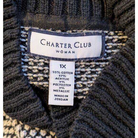 Charter Club Sweater 1X Black White & Silver Metallic Colorblock Shawl Collar - Picture 8 of 9